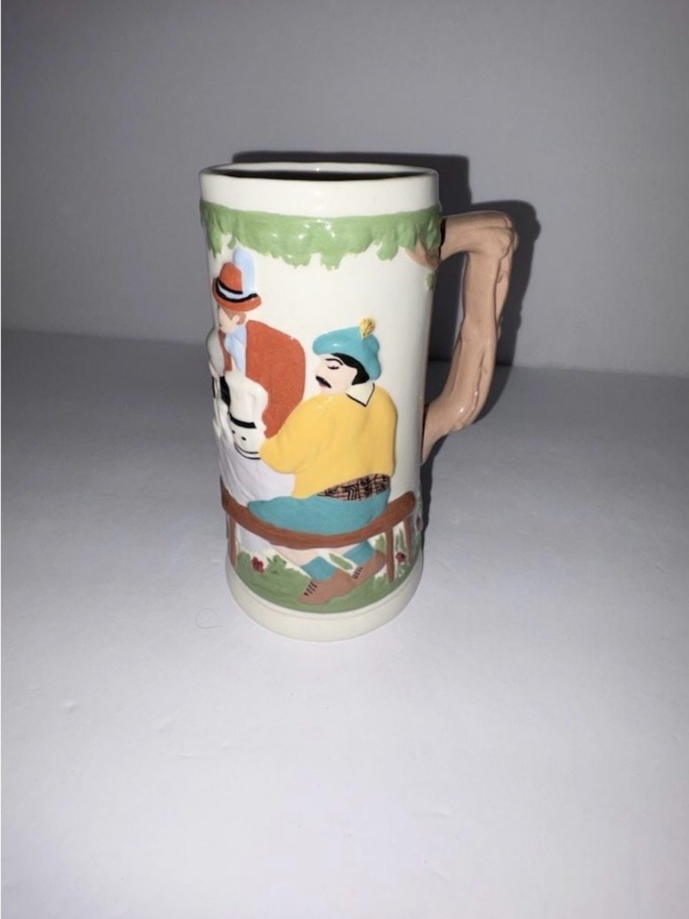 Vintage German Beer Stein Hand-Painted Tavern Scenes & Ornate Handle Signed JB